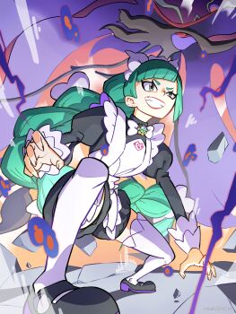 1girl absurdres apron aruke_(gter7727) black_romper black_shoes bow bowtie braid commentary_request dragalge eyelashes from_below gen_6_pokemon green_hair grey_eyes grin headdress highres lebanne_(pokemon) long_hair long_sleeves mega_dragalge nintendo pokemon pokemon_(creature) pokemon_legends:_z-a puffy_sleeves rock romper shoes smile teeth thighhighs white_apron white_bow white_bowtie white_thighhighs