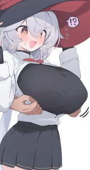 !? 1boy 1girl :d black_skirt blue_archive breasts commentary eri_(blue_archive) flying_sweatdrops grey_hair hat hetero highres hone_kawa huge_breasts long_hair miniskirt open_mouth shirt skirt smile solo_focus speech_bubble spoken_interrobang surprised white_shirt witch_hat