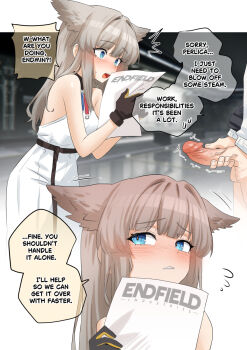 Rule 34 | 1boy, 1girl, animal ears, arknights, arknights: endfield, bare shoulders, bird ears, bird girl, black gloves, blue eyes, blush, breasts, commentary, dress, endministrator (arknights), english commentary, english text, erection, extra ears, flying sweatdrops, gloves, grey hair, hetero, highres, holding, holding paper, kukiyuusha, long hair, looking at penis, male endministrator (arknights), male masturbation, masturbation, medium breasts, no jacket, open mouth, paid reward available, paper, parted lips, penis, perlica (arknights), sidelocks, twitching penis, uncensored, white dress