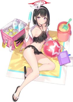 1girl :< arm_support ball bare_shoulders beach_towel beachball bikini black_bikini black_choker black_hair black_sandals blue_archive blush bob_cut book bottle bucket can choker closed_mouth collarbone cooler double-parted_bangs drawstring drink_can expressionless feet female_focus flat_chest frilled_bikini frills from_above full_body game_asset hairband halo halterneck hand_up holding_food holding_popsicle jacket large_variant_set legs long_sleeves looking_at_viewer lying mashiro_(blue_archive) mashiro_(swimsuit)_(blue_archive) navel off_shoulder official_art on_side open_clothes open_jacket pink_jacket popqn popsicle purple_eyes red_halo sand sandals short_hair sidelocks soda_can solo spade stomach swimsuit tachi-e thighs third-party_source towel transparent_background variant_set white_hairband