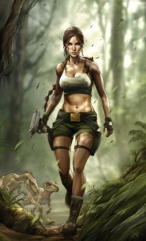 1girl black_gloves boots brown_eyes brown_footwear brown_hair day dinosaur fingerless_gloves gloves green_shorts gun highres holding holding_gun holding_weapon illyne_cosplay jungle lara_croft long_hair looking_at_viewer micro_uzi nature navel outdoors ponytail short_shorts shorts signature sports_bra submachine_gun tomb_raider tree weapon weapon_request white_sports_bra