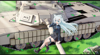 1girl animal_ears black_necktie blue_eyes blue_jacket boots cat_ears jacket long_hair m1_abrams military military_vehicle motor_vehicle necktie original scenery shirt tank thighs warrior weapon white_hair white_shirt wuming_yaoguai