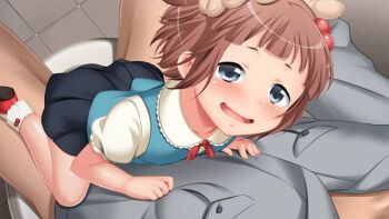 1boy 1girl age_difference aged_down anim_(company) animated animated_gif blue_eyes blush bouncing brown_hair clothed_sex flat_chest girl_on_top hair_bobbles hair_ornament hetero hypnosis janitor loli mary_janes mind_control miyama_mia moshi_mo_youmuin_no_ojisan_ga_saimin_wo_oboetara on_lap sex shoes skirt smile socks teacher toilet two_side_up un-tabetarou vaginal