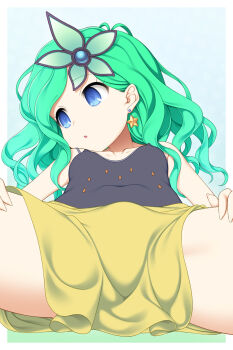 1girl blue_eyes blue_leotard commentary_request commission commissioner_upload convenient_censoring covered_navel earrings final_fantasy final_fantasy_iv fugetsu_taku green_hair hair_ornament hands_on_own_thighs highres jewelry leotard loli long_hair looking_to_the_side lying on_back rydia_(ff4) rydia_(young)_(ff4) sarong skeb_commission solo spread_legs thighs yellow_sarong