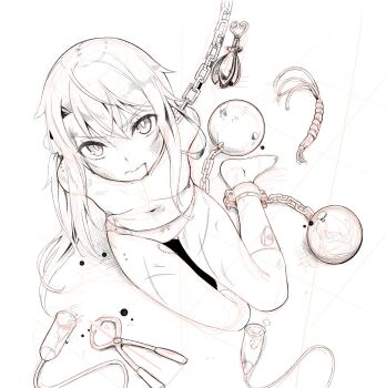 1girl arms_behind_back ball_and_chain_restraint bdsm blood blood_from_mouth bondage bound bow bow_panties breast_pump breasts bruise chain character_request cuffs dot_nose feet female_focus forceps from_above full_body highres injury kneehighs long_hair looking_at_viewer looking_up milking_machine monochrome navel nipples panties pear_of_anguish shackles simple_background sitting sketch small_breasts socks solo topless_female torn_clothes traditional_media uncensored underwear underwear_only white_background zero_(miraichizu)