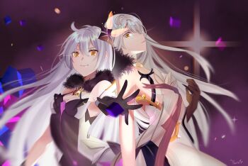 Rule 34 | 2girls, ahoge, arm up, asmoday (genshin impact), bare shoulders, behind another, black fur, black gloves, blonde hair, blurry, blurry background, breasts, cleavage, closed mouth, colored skin, commentary, detached collar, english commentary, formal clothes, from side, fur trim, fuurin-desu, genshin impact, gloves, grey hair, hair between eyes, hair ornament, highres, honkai (series), honkai impact 3rd, in-franchise crossover, kiana kaslana, kiana kaslana (herrscher of the void), kugimiya rie, large breasts, light smile, long hair, looking at viewer, mihoyo, motion blur, multicolored skin, multiple girls, orange eyes, purple background, reaching, reaching towards viewer, space, suit, two-tone skin, upper body, voice actor connection