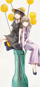 2021 2girls :d alternate_costume alternate_headwear black_dress black_shoes blonde_hair bow bowtie brown_hair calendar_(medium) closed_eyes dress feet_out_of_frame flower flower_pot flower_request hair_between_eyes hand_on_another&#039;s_arm hat highres july long_dress looking_at_viewer maribel_hearn multicolored_eyes multiple_girls no_headwear open_mouth poteimo_(poteimo622) purple_bow purple_bowtie purple_dress purple_eyes sash shoes short_hair short_sleeves simple_background sitting smile sun_hat sundress touhou two-tone_eyes usami_renko white_background yellow_eyes