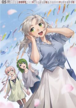 absurdres ahoge alternate_costume antenna_hair backpack bag blue_shirt blue_sky calendar_(medium) cloud day dress_shirt dutch_angle fujikawa glasses green_eyes grey_hair hands_on_own_face highres incredibly_absurdres kantai_collection kinugasa_(kancolle) kinugasa_kai_ni_(kancolle) koinobori makigumo_(kancolle) makigumo_kai_ni_(kancolle) may official_art outdoors pink_hair shirt skirt sky smile solo_focus string_of_flags white_skirt windsock yuugumo_(kancolle)