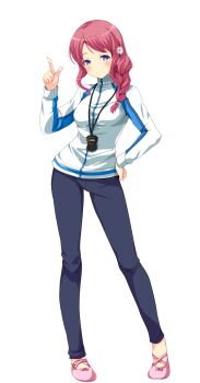 1girl black_pants character_name closed_mouth flower fukami_ema full_body girlfriend_(kari) hair_flower hair_ornament hand_on_own_hip highres long_braid no_background official_art pants pink_hair purple_eyes qp:flapper shirt smile tagme teacher white_shirt