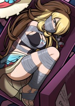 absurdres arms_behind_back bdsm belly bikini bondage bound cynthia_(pokemon) gag gagged highres improvised_gag magnolia-baillon midriff nintendo pokemon pokemon_(creature) restrained shibari stomach swimsuit tape tape_bondage tape_gag taped_arms taped_fingers