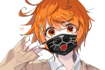 1boy androgynous bishounen brown_sweater cat_mask covered_mouth emia_(castilla) hair_ornament hairpin head_tilt highres kimi_ga_shine looking_at_viewer lower_eyelashes_only male_focus mask mouth_mask orange_eyes orange_hair pinching_sleeves portrait shirt sleeves_past_wrists solo sweater tareme toto_noel white_shirt