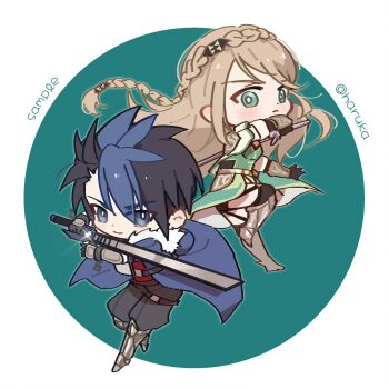 absurdres black_hair blue_eyes blue_hair bob_cut boots braid brown_hair chibi closed_mouth coat commission crown_braid eiyuu_densetsu elaine_auclair english_text floating_hair glint green_background green_eyes hair_between_eyes harukaka030 highres holding holding_sword holding_weapon kuro_no_kiseki kuro_no_kiseki_(series) kuro_no_kiseki_ii looking_at_viewer mixed-language_commentary multicolored_hair parted_bangs simple_background single_braid smile streaked_hair sword twitter_username two-tone_background two-tone_hair van_arkride weapon white_background