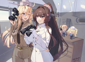 Rule 34 | 4girls, alternate costume, binoculars, black necktie, blonde hair, blue eyes, breast pocket, breasts, brown hair, brown jacket, brown pants, cherry blossoms, commentary request, dixie cup hat, epaulettes, fairy (kancolle), flower, gloves, hair between eyes, hair flower, hair intakes, hair ornament, hat, headgear, headphones, highres, himeyamato, holding, holding binoculars, huge breasts, indoors, iowa (kancolle), jacket, kantai collection, large breasts, long hair, long sleeves, military hat, military uniform, mini person, minigirl, multiple girls, naval dress uniform, naval uniform, necktie, one eye closed, pants, pocket, ponytail, red eyes, sidelocks, size difference, standing, star-shaped pupils, star (symbol), symbol-shaped pupils, twintails, very long hair, white gloves, white jacket, yamato (kancolle)