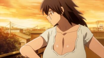 1girl 2025 20s aki_mary animated animated_gif balcony black_hair breasts cleavage curvy doctor female_focus freckles freckles_on_breasts glasses huge_breasts lips medium_hair no_bra outdoors sagging_breasts tagme thick_eyebrows thick_lips tougen_anki wind yellow_eyes