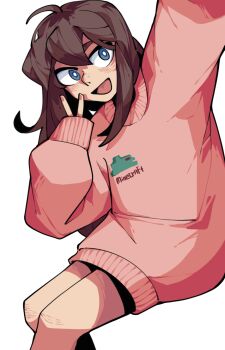 Rule 34 | 1girl, :d, ahoge, alternate costume, animification, blue eyes, bright pupils, brown hair, chinese commentary, commentary, cowboy shot, hair between eyes, hermitcraft, highres, long hair, looking at viewer, minecraft, minecraft youtube, open mouth, pearlescentmoon, pink sweater, simple background, smile, solo, sweater, v, white background, white pupils, yueshangmaowa