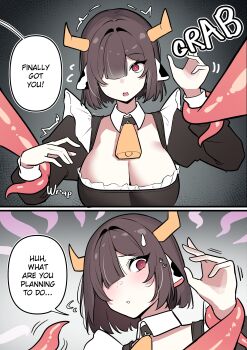 1girl absurdres animal_ears bell black_dress blush breasts brown_hair cleavage commentary cow_ears cow_girl cow_horns cowbell double-parted_bangs dress embarrassed english_commentary english_text hair_over_one_eye hands_up highres horns large_breasts long_sleeves mirui09 neck_bell one_eye_covered open_mouth original red_eyes short_hair speech_bubble sweat talking tentacles