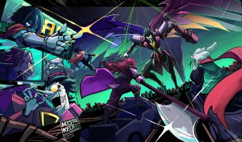 1girl 1other 2boys absurdres axe battle clenched_teeth deltarune fighting_stance glaring goat_boy hair_over_eyes hair_over_one_eye heterochromatic_eyewear highres holding holding_axe kris_(dark_world)_(deltarune) kris_(deltarune) long_nose multiple_boys mystickeiji24 pointing pointy_nose puppet_strings ralsei reptile_girl roller_coaster round_eyewear scarf sharp_teeth spamton_g._spamton spamton_neo susie_(dark_world)_(deltarune) susie_(deltarune) teeth tinted_eyewear utdr_(toby_fox) wings