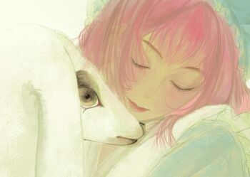 1girl animal animal_hug apron blue_hat blue_shirt bye-bye_dust_(infinity_nikki) closed_eyes closed_mouth eyelashes frilled_apron frilled_headwear frills hat head_tilt highres infinity_nikki light_blush light_smile lipstick longstocking_(infinity_nikki) makeup medium_hair mob_cap nikki_(nikki) nikki_(series) pink_hair pink_lips puffy_short_sleeves puffy_sleeves sheep shirt short_sleeves thick_eyebrows tianshang_kuachang_jing upper_body white_apron white_background