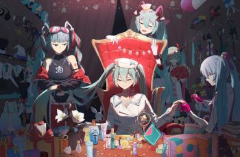 39 6+girls absurdres aqua_eyes aqua_hair arm_tattoo bell black_leotard bless_your_breath_(vocaloid) blonde_hair blush bouquet bow box breasts chain chain_necklace chair character_doll closed_eyes closed_mouth commentary cosmetics cropped_jacket dated_commentary detached_hair diamond_hair_ornament doll english_commentary flag flower fuwapuchi gift gift_box gloves gradient_hair hair_between_eyes hat hatsune_miku hatsune_miku_(blue_archive) highres holding jacket jewelry jingle_bell kagura_suzu leotard long_hair long_sleeves looking_at_another magical_mirai_(vocaloid) magical_mirai_miku magical_mirai_miku_(2013) magical_mirai_miku_(2014) magical_mirai_miku_(2015) magical_mirai_miku_(2016) magical_mirai_miku_(2017) magical_mirai_miku_(2018) magical_mirai_miku_(2019) magical_mirai_miku_(2020_summer) magical_mirai_miku_(2020_winter) magical_mirai_miku_(2022) magical_mirai_miku_(2023) magical_mirai_miku_(2024) medium_breasts midriff mini_hat mini_top_hat multicolored_hair multiple_girls multiple_persona musical_note musical_note_ornament musical_staff nail_polish_bottle necklace number_tattoo official_alternate_costume official_alternate_hairstyle open_mouth pink_bow pink_gloves rabbit rabbit_yukine red_hair red_jacket ring_hair_ornament sitting smile tattoo top_hat twintails user_dmn7126 very_long_hair vocaloid white_flower white_hat white_jacket yuki_miku yuki_miku_(2014) yuki_miku_(2017) yuki_miku_(2018) yuki_miku_(2021)