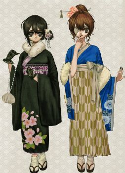 2girls asa_no_ha_(pattern) bandage_over_one_eye black_eyes black_gloves black_hair black_kimono black_nails blue_kimono brown_hair floral_print flower full_body fuquan9921 furisode gloves hair_bun hair_ornament hair_stick hakama highres japanese_clothes kanzashi kimono kinchaku lace lace_gloves lace_trim long_sleeves looking_at_viewer multiple_girls obi original patterned_background pouch print_kimono sandals sash seigaiha single_hair_bun skirt smile socks standing tabi wide_sleeves yagasuri