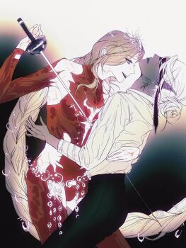 Rule 34 | 2girls, baldur's gate, baldur's gate 3, black eyeshadow, black lips, black pants, blindfold, blonde hair, bodysuit, braid, cleavage cutout, clothing cutout, colored skin, commentary, covered eyes, cowboy shot, crutch c, dancing, dark elf, detached sleeves, elf, english commentary, eyeshadow, from side, grey skin, hair bun, hand on another's back, headpiece, highres, hip vent, holding, holding sword, holding weapon, impaled, long hair, low-tied long hair, makeup, minthara, multiple girls, neck tattoo, orin the red, pants, parted lips, pointy ears, profile, rapier, red bodysuit, shirt, simple background, single braid, single hair bun, smile, stab, sword, tattoo, two-tone background, weapon, white background, white hair, white shirt, white skin