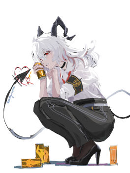 1girl 37sanshiqi absurdres armband black_armband black_choker black_horns black_pants black_tail can chinese_commentary choker commentary_request curled_horns demon_tail drink_can from_side hair_between_eyes highres holding holding_can horns long_hair looking_at_viewer looking_to_the_side multicolored_hair pants parted_lips red_eyes shirt shirt_tucked_in simple_background solo streaked_hair tail white_background white_hair white_shirt wuthering_waves zani_(wuthering_waves)
