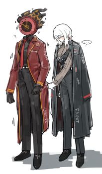 ... 1boy 1girl ? absurdres analog_clock belt black_gloves black_jacket black_pants black_shirt black_shoes black_vest blush breasts character_name clock closed_eyes clothes_tug coat coat_on_shoulders colored_skin crossed_bangs dante_(limbus_company) dress_shirt embarrassed english_text faust_(project_moon) fire flaming_head fluffy_hair gloves hair_between_eyes hand_on_own_leg hand_on_own_thigh hiding hiding_behind_another highres jacket jacket_on_shoulders jacket_tug large_breasts limbus_company long_legs long_sleeves medium_hair naughty_0b necktie orange_trim pants project_moon pulling_another&#039;s_clothes red_jacket red_necktie red_trim ribbed_sweater shirt shoes short_hair shy sidelocks sweatdrop sweater tall_female tug turtleneck turtleneck_sweater vest white_background white_belt white_hair white_skin white_trim