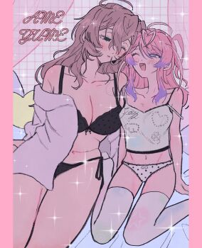 2girls absurdres amemura_ramuda antenna_hair black_bra black_panties blue_eyes blue_hair blush border bra breasts brown_hair camisole cleavage curvy genderswap genderswap_(mtf) gradient_hair heart highres hypnosis_mic jacket jacket_partially_removed large_breasts long_hair looking_at_another multicolored_hair multiple_girls navel ni_(yawarakahonpo) one_eye_closed open_mouth panties pink_border pink_hair plump shirt side-tie_panties sitting smile sparkle thighhighs underwear wariza white_panties white_shirt white_thighhighs yumeno_gentaro yuri