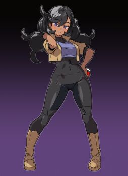 1girl batta_16-sei black_bodysuit black_hair blue_eyes blush bodysuit boots brown_boots brown_vest emma_(pokemon) full_body hand_on_own_hip highres long_hair looking_at_viewer nintendo poke_ball pokemon pokemon_xy simple_background smile standing twintails vest