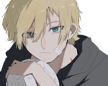 1boy ball black_hoodie blonde_hair blue_eyes blue_lock closed_mouth hair_behind_ear hair_between_eyes holding holding_ball hood hoodie looking_at_viewer male_focus michael_kaiser simple_background soccer_ball solo tekitounii5 white_background