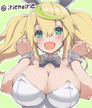 1girl :d animal_ears aqua_eyes black_bow black_bowtie blonde_hair blush bow bowtie breasts cleavage detached_collar fake_animal_ears fang gene_(pso2) green_background green_hair huge_breasts irie_keisuke_(handn) leotard long_hair looking_at_viewer multicolored_hair open_mouth phantasy_star phantasy_star_online_2 playboy_bunny rabbit_ears shiny_skin simple_background skin_fang smile solo streaked_hair twintails twitter_username upper_body white_leotard white_wrist_cuffs wing_collar wrist_cuffs