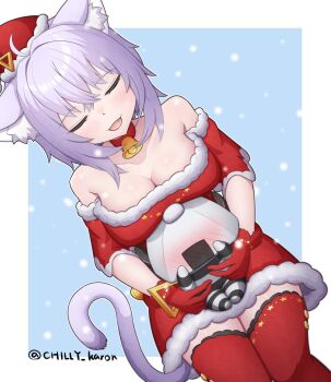 1girl alternate_costume animal_ear_fluff animal_ears breasts cat_ears cat_girl cat_tail chiriwi choker cleavage closed_eyes commentary_request dress fur-trimmed_dress fur-trimmed_headwear fur_trim gloves hat hololive large_breasts medium_hair nekomata_okayu onigirya_(nekomata_okayu) open_mouth purple_hair red_choker red_dress red_gloves red_hat red_thighhighs santa_costume santa_dress santa_hat solo tail thighhighs virtual_youtuber