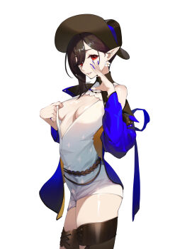 1girl absurdres arknights black_hair black_hat black_jacket blue_hat blue_nails boots breasts chinese_commentary commentary_request cowboy_shot dress earrings entelechia_(arknights) entelechia_(dazzling_blue)_(arknights) fingernails flower_earrings ghosty_(xiaobai) hair_between_eyes hand_up hat highres jacket jewelry long_fingernails looking_at_viewer multicolored_hat multicolored_jacket nail_polish no_bra off_shoulder official_alternate_costume open_clothes open_jacket parted_lips pointy_ears red_eyes short_hair shorts simple_background single_bare_shoulder solo standing star_(symbol) symbol-shaped_pupils thighs two-tone_hat white_dress yellow_jacket