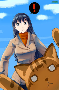 Rule 34 | !, 1girl, azumanga daiou, black hair, blue eyes, blue sky, casual, cat, day, jacket, long hair, mayaa (azumanga daioh), rockdomm, sakaki (azumanga daioh), sky, spoken exclamation mark, turtleneck