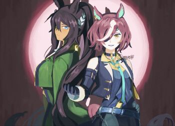 2girls animal_ear_piercing animal_ears aqua_necktie arm_belt bare_shoulders belt belt_buckle black_belt black_gloves black_hair black_pants black_shirt black_vest blue_eyes breasts brown_hair buckle closed_mouth collared_vest cowboy_shot dark-skinned_female dark_skin detached_sleeves earrings eyelashes eyepatch gloves gold_buckle gold_earrings green_jacket grey_belt hair_over_one_eye high_ponytail highres horse_ears horse_girl horse_tail jacket jewelry lapels large_breasts laurel_crown long_sleeves multicolored_hair multiple_belts multiple_girls necktie notched_lapels o-ring open_clothes open_jacket open_mouth open_vest outstretched_hand pants pinstripe_pattern pinstripe_shirt ponytail red_background shadow shirt short_hair signature single_earring sleeve_cuffs smile standing streaked_hair symboli_kris_s_(onyx_soldier)_(umamusume) symboli_kris_s_(umamusume) tail tanino_gimlet_(embodiment_of_keravnos)_(umamusume) tanino_gimlet_(umamusume) teeth tsurime two-tone_shirt umamusume ummsm_88 vest vignetting yellow_eyes yellow_shirt