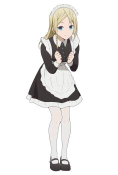 1girl absurdres apron black_dress blonde_hair blue_eyes braid breasts clenched_hands coro_fae dress full_body hayasaka_ai highres kaguya-sama_wa_kokurasetai_~tensai-tachi_no_renai_zunousen~ long_hair looking_at_viewer maid mary_janes medium_breasts shoes simple_background smile smithee_a._haysaca solo waist_apron white_apron white_background
