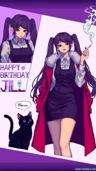 1girl black_cat cat cigarette coat cowboy_shot dated fore_(va-11_hall-a) fur-trimmed_coat fur_trim happy_birthday highres holding holding_cigarette jill_stingray pixel_art purple_hair red_coat red_eyes skirt smoke smoking twintails va-11_hall-a vest wmmzkl