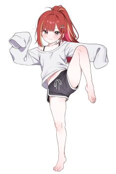 1girl :3 absurdres aged_down akane_lize barefoot black_shorts dolphin_shorts drawstring grey_eyes hair_ornament hairclip highres leg_lift long_hair looking_at_viewer midriff_peek mole mole_under_eye multicolored_hair off-shoulder_sweater off_shoulder oversized_clothes oversized_sweater ponytail red_hair saho_4545 short_shorts shorts simple_background sleeves_past_fingers sleeves_past_wrists solo stellive streaked_hair sweater virtual_youtuber white_background