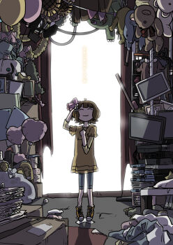 1girl ahoge backlighting backstage balloon bike_shorts box brown_hair brown_shoes bunting cardboard_box christmas_tree closed_eyes commentary_request curtains dress flower full_body hair_flower hair_ornament idolmaster idolmaster_million_live! idolmaster_million_live!_theater_days indoors monitor see-through_silhouette shadow shoes short_dress smile solo standing stuffed_animal stuffed_toy suou_momoko teddy_bear translation_request unworn_clothes ura_rokudenasi
