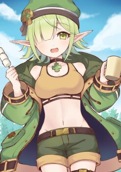 1girl :d absurdres aoi_(camp)_(princess_connect!) aoi_(princess_connect!) beret blunt_bangs clover_hat_ornament clover_ornament commentary_request cowboy_shot cup elf food forest green_hat green_jacket green_shorts green_sleeves hair_over_one_eye hat highres holding holding_cup jacket long_pointy_ears mani_m marshmallow nature open_mouth orange_sports_bra outdoors pendant_choker pointy_ears princess_connect! shorts smile solo sports_bra