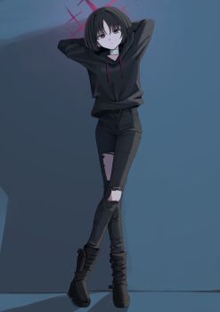 1girl absurdres ankle_holster arms_behind_head bags_under_eyes bandaged_neck bandages barbell_piercing black_boots black_hair black_hoodie blue_archive boots commentary_request coralreef966 crossed_legs ear_piercing gun halo handgun highres hood hoodie industrial_piercing long_legs misaki_(blue_archive) pants piercing red_eyes red_halo short_hair solo standing straight-on torn_clothes torn_pants weapon