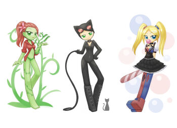 3girls animal_ears baseball_bat black_bodysuit black_skirt blonde_hair blowing_bubble_gum blue_boots blue_leggings bodysuit boots bubble cat cat_ears catwoman chewing_gum colored_skin dc_comics facing_viewer goggles goggles_on_head green_eyes green_panties green_skin harley_quinn howxu ivy leggings looking_at_viewer multiple_girls orange_hair panties plant poison_ivy ponytail red_boots red_leggings red_shirt shirt side-by-side skirt standing twintails underwear vines whip white_background