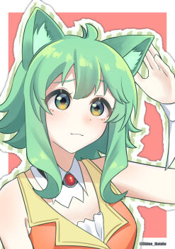1girl :3 absurdres animal_ears border cat_day cat_ears cat_girl chime_ikatako choker commentary_request detached_collar fluff green_eyes green_hair gumi hand_on_own_ear hand_up highres kemonomimi_mode looking_up outline outside_border shirt short_hair_with_long_locks sleeveless sleeveless_shirt smile solo vocaloid white_border