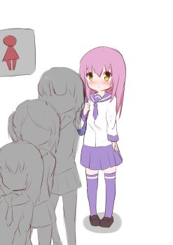 4girls absurdres bag black_footwear blue_legwear blue_neckwear blue_sailor_collar blue_skirt blush closed_mouth faceless faceless_female female_focus flat_chest full_body hand_up have_to_pee highres long_hair long_sleeves miniskirt multiple_girls necktie nose_blush original pigeon-toed pink_hair pleated_skirt queue sailor_collar school_uniform serafuku shirt shoes simple_background skirt solo_focus somtt standing thighhighs white_background white_shirt x-ray yellow_eyes zettai_ryouiki