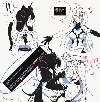 ! 2girls animal_ears blush breasts cat_ears cat_tail commentary elizabeth_rose_bloodflame english_commentary english_text greyscale hand_on_another&#039;s_face heart highres hololive hololive_english keisea large_breasts long_hair monochrome multiple_girls nerissa_ravencroft rejected_kiss simple_background speech_bubble spoken_exclamation_mark spot_color tail tweet twitter twitter_username very_long_hair virtual_youtuber white_background yuri
