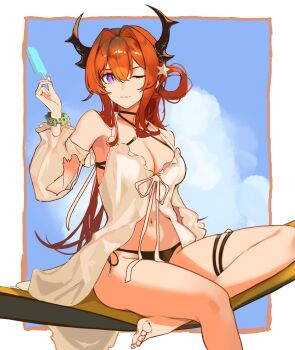 1girl absurdres arknights barefoot bikini black_bikini breasts cleavage closed_mouth commentary_request criss-cross_halter detached_sleeves food foot_out_of_frame hair_between_eyes hair_intakes halterneck hammock hand_up highres holding holding_food holding_popsicle horns long_hair long_sleeves looking_at_viewer mixed-language_commentary official_alternate_costume okamoto_aoi on_hammock one_eye_closed popsicle purple_eyes red_hair side-tie_bikini_bottom sitting slit_pupils solo star_ornament surtr_(arknights) surtr_(colorful_wonderland)_(arknights) swimsuit swimsuit_cover-up thigh_strap