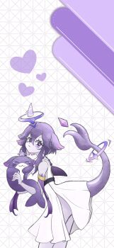 1girl :3 animal bare_shoulders closed_mouth colored_skin commentary dress english_commentary eyelashes fins fish_tail grey_skin grimlin_vt halo heart highres holding holding_animal indie_virtual_youtuber mascot megalodon_(vtuber) purple_eyes purple_hair shark_girl shark_tail shorkie_(megalodon_(vtuber)) short_hair short_hair_with_long_locks sidelocks smile tail virtual_youtuber white_background white_dress