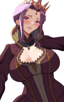1girl absurdres akihiro0920 blush breasts brown_dress cleavage commentary_request crown dress earrings gem highres jewelry large_breasts long_sleeves looking_at_viewer mature_female mirelia_q_melromarc parted_bangs parted_lips purple_eyes purple_hair queen red_gemstone sidelocks simple_background solo steam sweat tate_no_yuusha_no_nariagari upper_body white_background