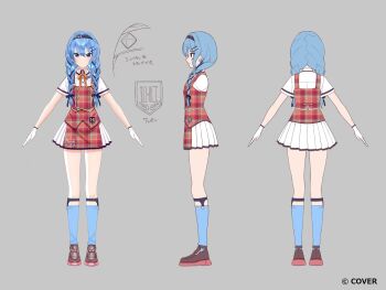 1girl blue_eyes blue_hair blue_hairband blue_socks braid brown_shoes collared_shirt colored_shoe_soles commentary_request copyright_notice double-parted_bangs full_body gloves grey_background hair_between_eyes hair_over_shoulder hairband highres hololive hoshimachi_suisei kneehighs legwear_garter loafers long_hair low_twin_braids miniskirt multiple_views neck_ribbon official_alternate_costume official_alternate_hairstyle official_art plaid_clothes plaid_shirt plaid_skirt pleated_skirt red_shirt red_skirt reference_sheet ribbon saekiyahiro second-party_source shirt shoes short_sleeves simple_background skirt socks star_(symbol) star_in_eye symbol_in_eye turnaround twin_braids virtual_youtuber white_gloves white_skirt yellow_ribbon