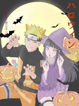 1boy 1girl 9kurome animal_ear_fluff bandaged_leg bandages bat_(animal) black_hair black_nails blonde_hair blue_eyes blunt_bangs blunt_ends candy claw_pose food full_moon grey_eyes grin halloween halloween_costume hat highres hime_cut hyuuga_hinata jack-o&#039;-lantern jacket jumpsuit lollipop long_hair moon nail_polish naruto_(series) naruto_shippuuden open_mouth orange_jacket orange_jumpsuit orange_pants pants purple_hat purple_jacket purple_skirt sharp_teeth short_hair skirt smile teeth uzumaki_naruto witch witch_hat
